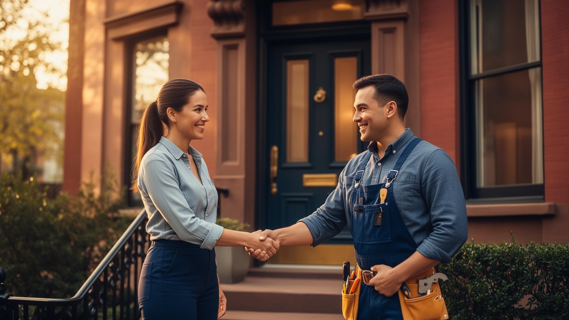 Homeowner meeting a verified local contractor on a Brooklyn brownstone porch